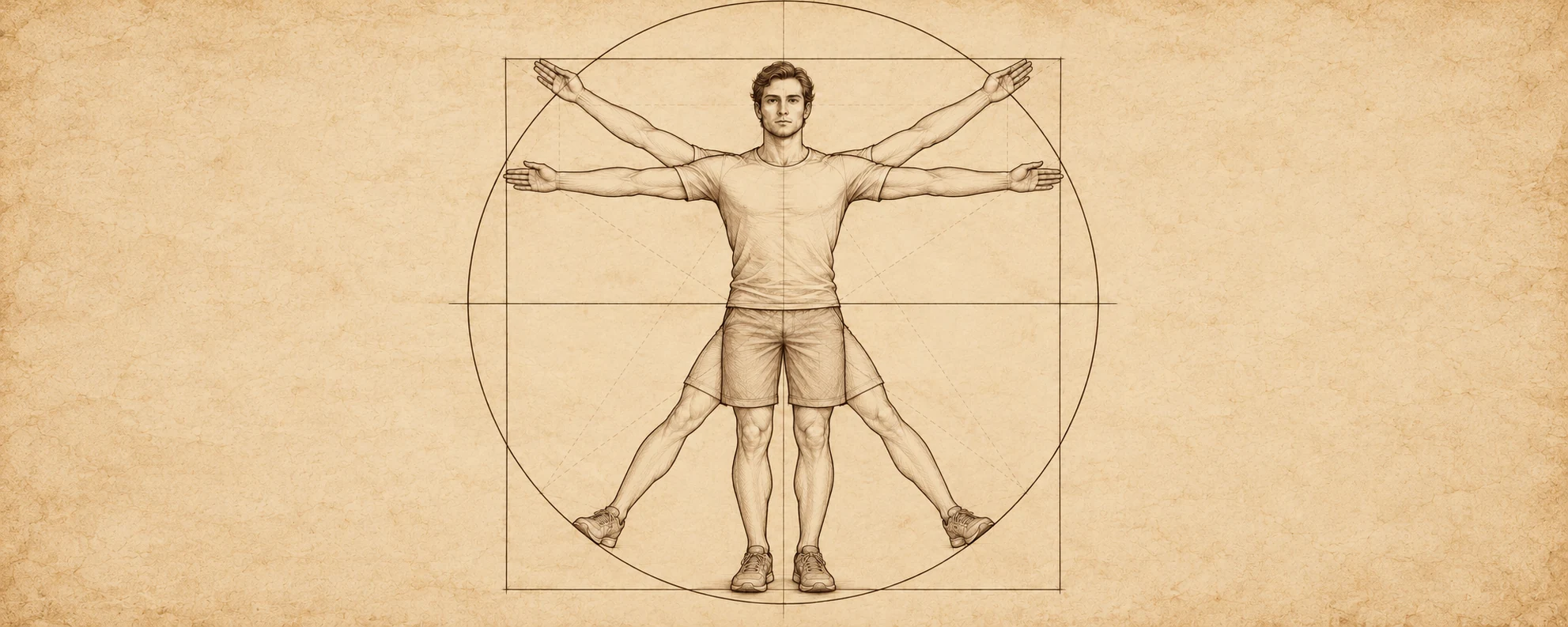 Interpretazione con IA dello studio delle proporzioni associato a Leonardo da Vinci: una figura in un cerchio e un quadrato, non una riproduzione dell’opera originale.